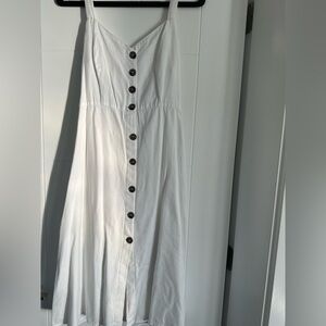 100% Cotton Button Sleeveless Dress - White